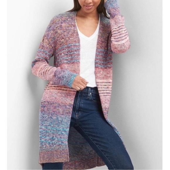 Gap Cotton Open Front Long Knit Cardigan Striped Colourful | M - Picture 2 of 6
